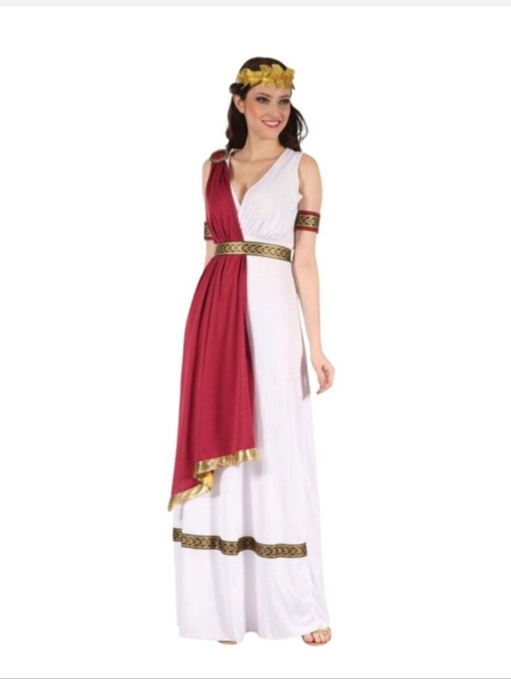 Women’s White and Burgundy Greek-Style Maxi Dress with Gold Trim